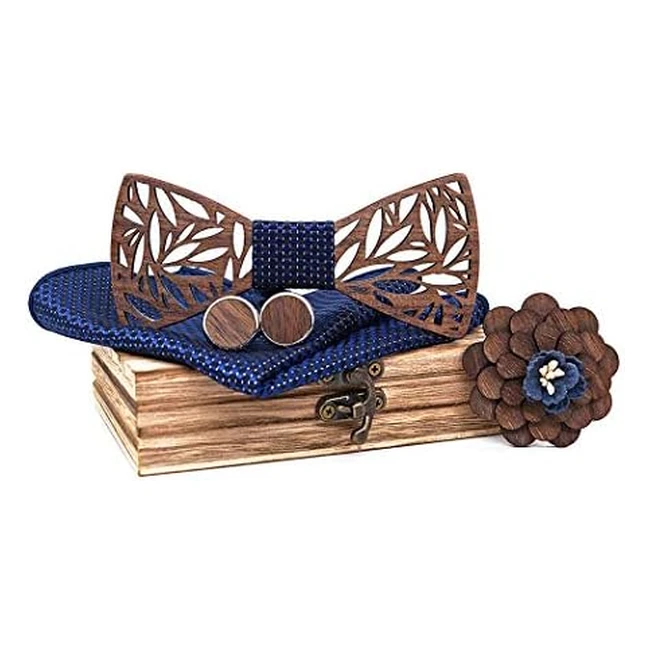 Set Papillon in Legno Zoylink con Gemelli, Sciarpa Quadrata e Corpetto - Ref. 4Pcs