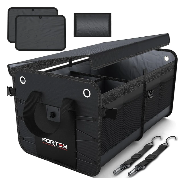 Fortem Car Boot Tidy - Collapsible Multi Compartment Organizer - Non-Slip Bottom - Adjustable Straps - Black