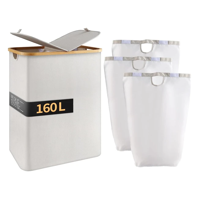 Panier à linge pliable Hibisaws 160L avec couvercle - 2 compartiments - Bambou - Tissu résistant - Poignées - Beige