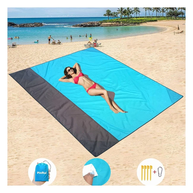 Pinrui Beach Blanket - Extra Large 210x175cm - Waterproof & Sandproof - Ideal for Travel, Camping, Hiking - 4 Fixed Piles, 1 Metal Buckle