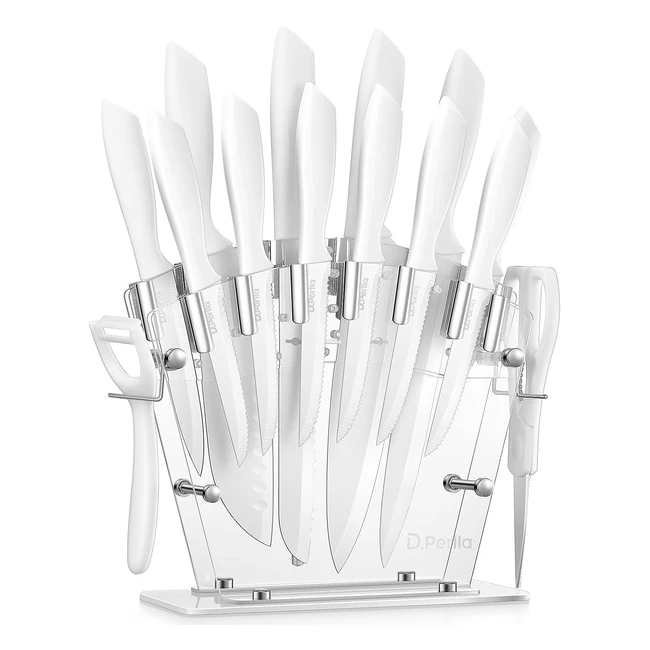 Juego de Cuchillos de Cocina 16 Piezas Blanco - Antiadherente - Acero Inoxidable - Alto Carbono - Afilado y Antioxidante