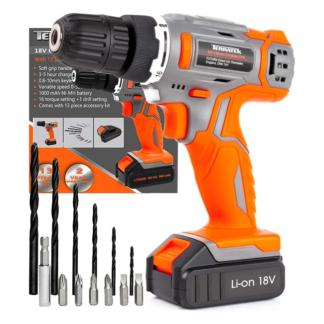 Terratek 13pc Cordless Drill Driver 18V/20VMAX Lithium-Ion - Quick Change Battery & Charger Included