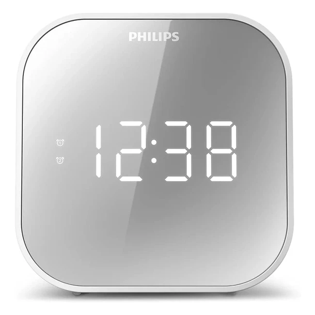 Philips Radio-Réveil Miroir Design avec Tuner FM, Affichage Digital, Double Alarme, Mise en Veille Programmable, Répétition de l'Alarme, Portable avec Batterie de Secours, Port USB