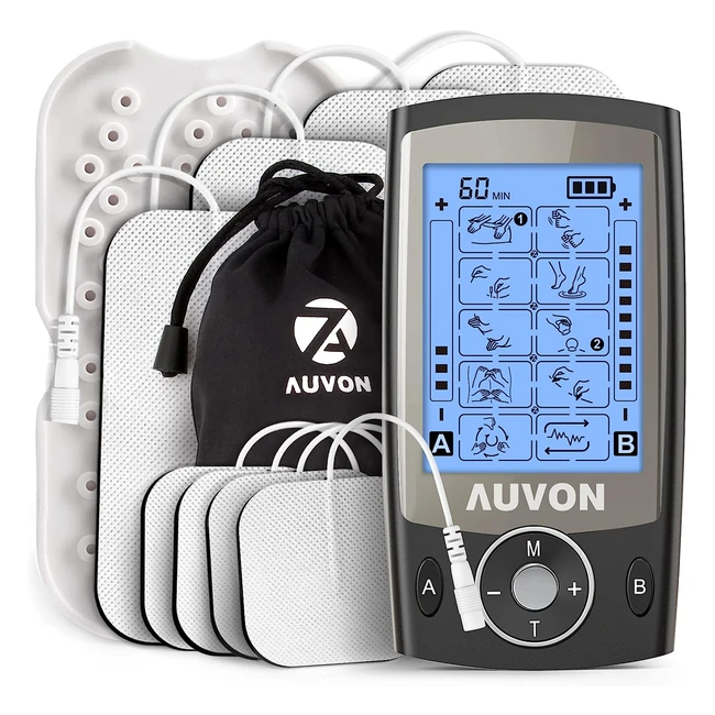 AUVON Dual Channel TENS Machine for Pain Relief - 20 Modes - 2x4 TENS Pads - Bla