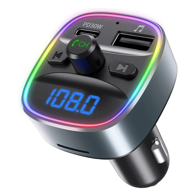 ORIA Bluetooth 5.0 FM Transmitter - Upgraded Wireless Radio Transmitter Car PD Type C 30 Quick Charger - 7 LED RGB Colors - Hands-Free Calls - Music Playing - Supports TF Card USB Disk - Gun Black