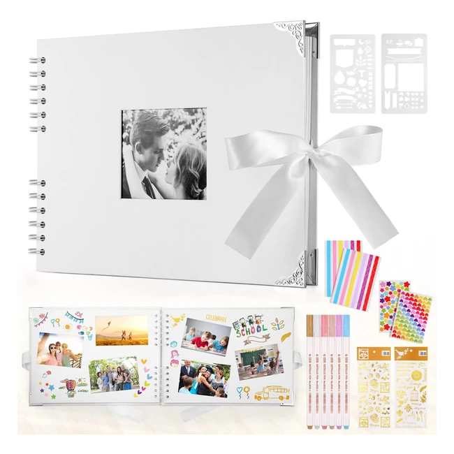 Album Fotografico Personalizzabile 295 x 21cm - Album Foto 80 Pagine Bianco - Album Fotografico Fai da Te con 6 Penne Metalliche per 160 Immagini - Libro degli Ospiti per Compleanni e Matrimoni