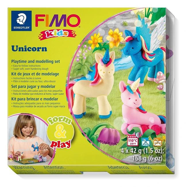 Staedtler 8034 19 LZ03 Fimo Kids Formplay Playtime Modelling Polymer Clay Set - Unicorn Pack of 4 Blocks, Stickers, Modelling Tools, Background Scene