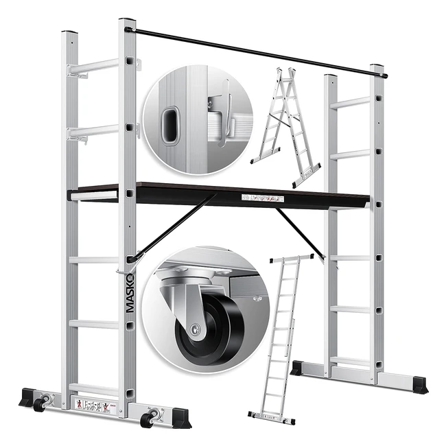 Chafaudage de chantier en aluminium Masko avec plateforme de travail - Supporte jusqu'à 150kg