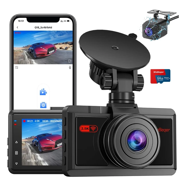 25K 1080P Dual Dashcam for Cars with Built-in WiFi - Front and Rear Dash Cam - 64G SD Card - App Control - WDR Night Vision - 170° Wide Angle - Parking Monitoring - G-Sensor - Loop Recording