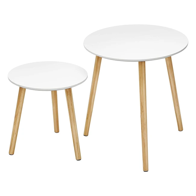 VASAGLE Nesting Side Table Set - Scandinavian Minimalist Coffee Table - Solid Pine Wood Legs - White/Natural - LET07WN