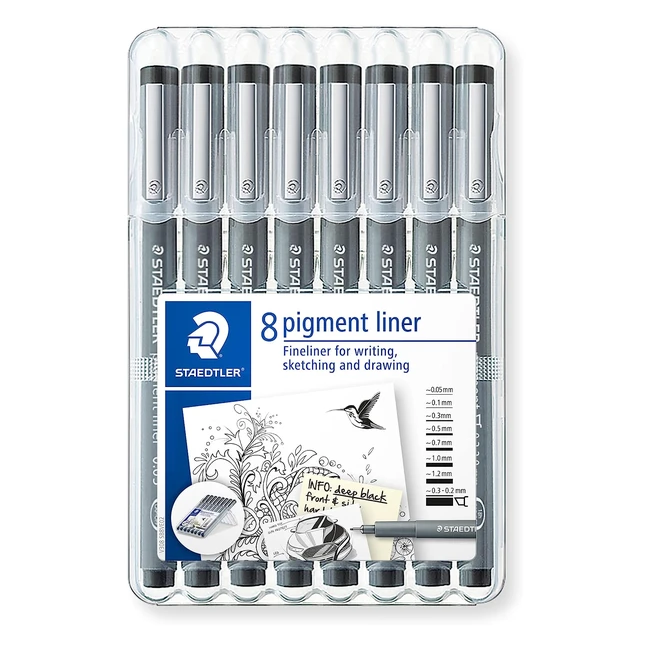 Staedtler 308 SB8 Pigment Liner Pens - Black Set of 8 - Assorted Line Width