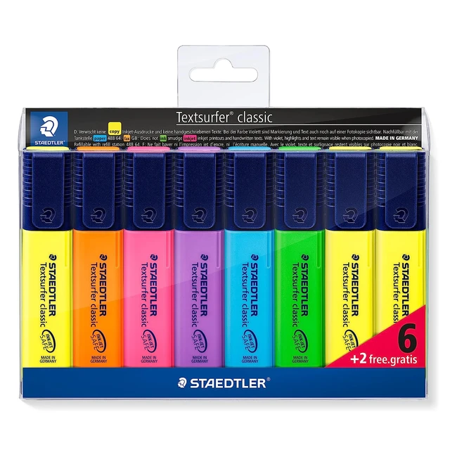 Staedtler 364 A WP8 Textsurfer Classic Highlighter Bonus Pack - Assorted Colours (Pack of 6) + 2 Free