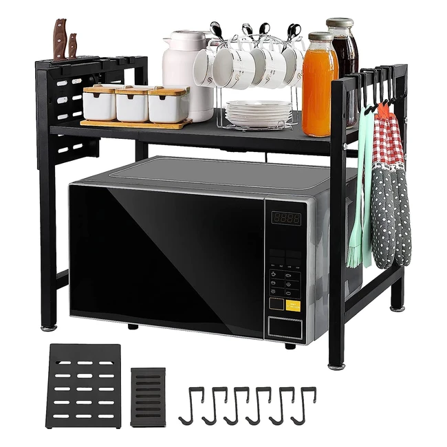 Expandable Microwave Oven Rack 2-Tier with 6 Hooks - Heavy Duty Adjustable Shelf