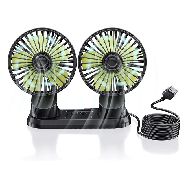 YMENOW 5V Dualhead Car Fan - Portable Vehicle Fan with 360° Rotation - 3 Speed Strong Wind