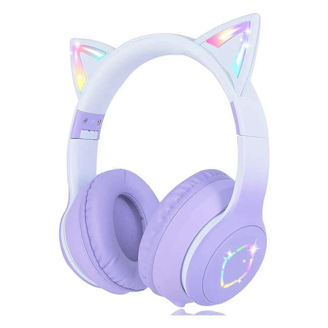 USOUN Kids Wireless Headphones - LED Light Up Foldable Headphones - Over Ear with Mic - Stereo Sound - TF Card - Purple