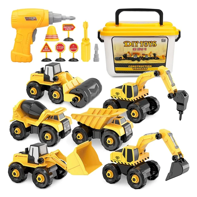 Juguete Excavadora Vanplay Desmontable y Ensamblable 6 en 1 con Taladro Eléctrico - Herramientas para Niños y Niñas de 3 Años