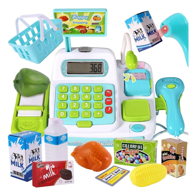 Buyger Kids Toy Cash Register with Scanner & Calculator - Realistic Role Play Shopping Till - Gift for Kids 3+