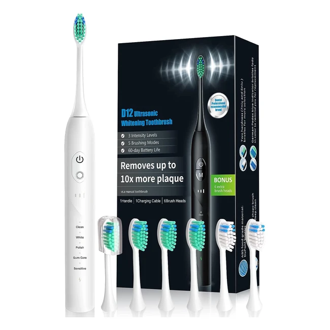 Electric Toothbrush with 6 Replacement Brush Heads - Rechargeable Toothbrushes - 5 Modes & 3 Intensity Levels