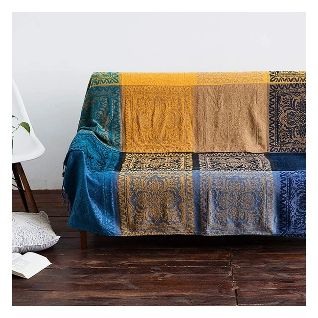 Colorful Chenille Tassels Woven Hippie Throw Blanket - Blue 150x190cm