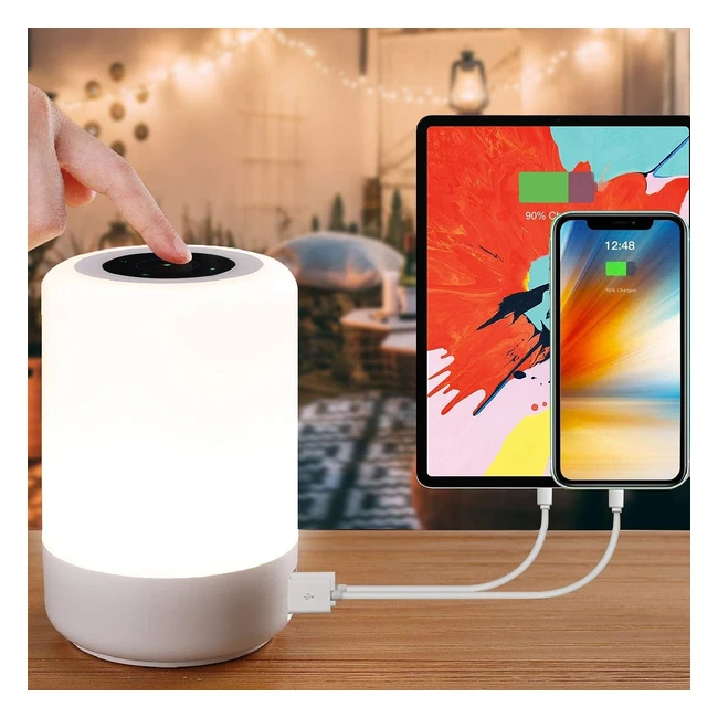 Taipow Bedside Table Lamp with 4 USB Charging Port - 3 Light Modes - 7 Colors - Adjustable Brightness
