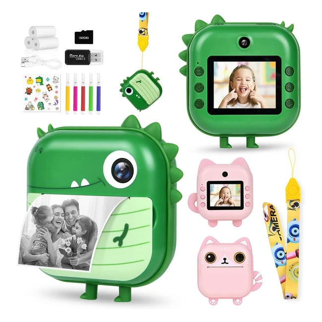 Appareil photo enfant Ainiv impression instantanée 24 pouces 12MP1080P avec 3 rouleaux de papier d'impression, 32G SD carte, 5 marqueurs - Pour filles garçons 3-12 ans