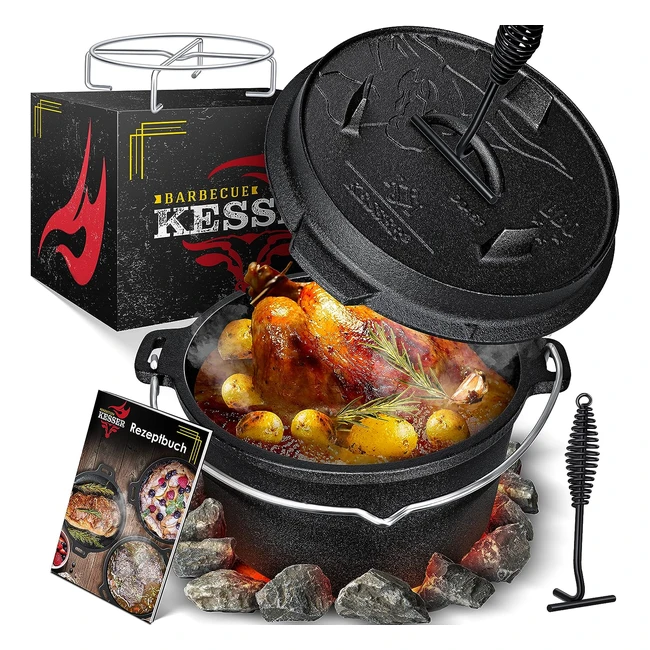 Kesser Dutch Oven Set BBQ Feuertopf Gulaschtopf Gusseisentopf mit Deckelheber und Thermometer-Schlitz Outdoor und Indoor Kochtopf