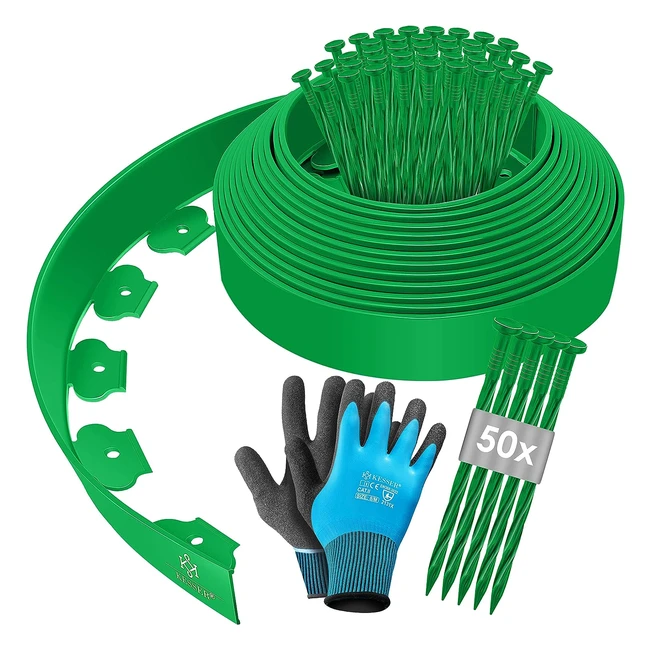 Kesser flexible Kunststoff-Rasenkante 10m x 5cm mit 50 Bodenankern und Handschuhen