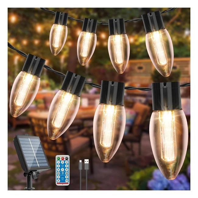 Solar Festoon Lights Outdoor - USB Solar Charging - 44ft 30LED - Waterproof and Shatterproof - Garden Solar Outdoor String Lights - 8 Mode Remote Control - for Garden Party Christmas Festival Decoration