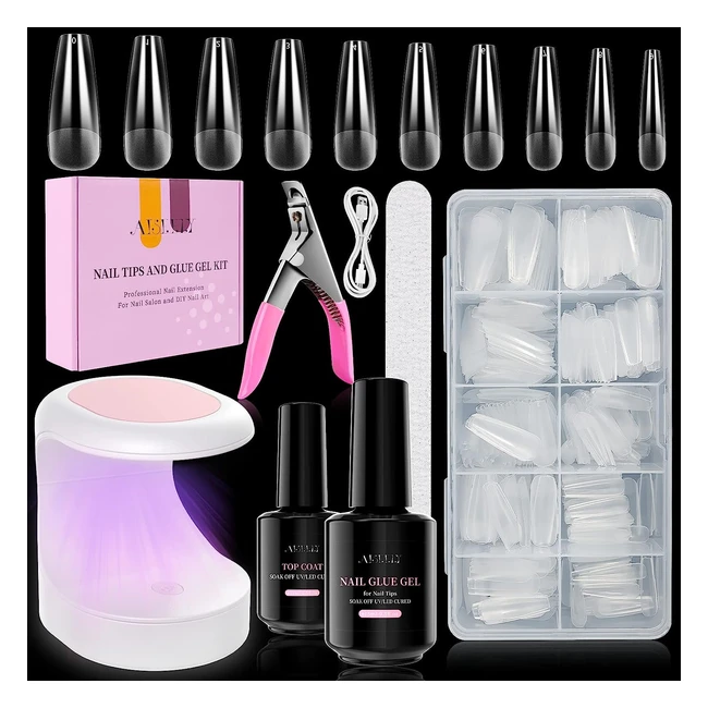 Kit Uñas Aiseely Nail Kit - Tips Uñas Gel con Pegamento - 500 Uñas Postizas Transparentes de Resina - 4 en 1 Pegamento Uñas Postizas - Mini Lámpara UV Uñas de Gel - Esmalte Semipermanentes