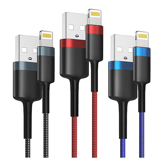 JJCall iPhone Charger Cable - Nylon Braided Long Lightning Cable for iPhone - 3 Pack - 3m/9ft - Fast Charging - Durable