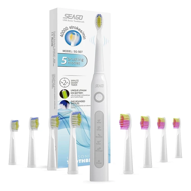 Cepillo de Dientes Eléctrico Sónico Seago - Recambio 8 Cabezales - 40000 vpm - 5 Modos - USB - Blanco