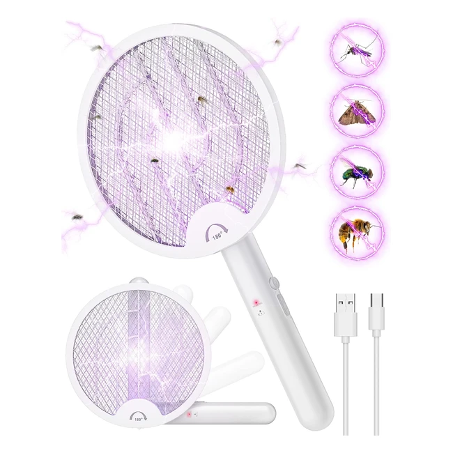 Raquette Moustique Électrique Pliable 4000V - ZOVHYYA - Réf: 1500mAh - Lumière de Piège Rechargeable USB - 5 Couches Protection en Maille - Support Mural Intérieur