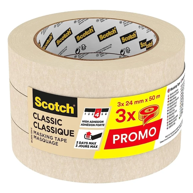 Cinta de Pintor Scotch Classic 24mm x 50m - Paquete de 3 Rollos Beige
