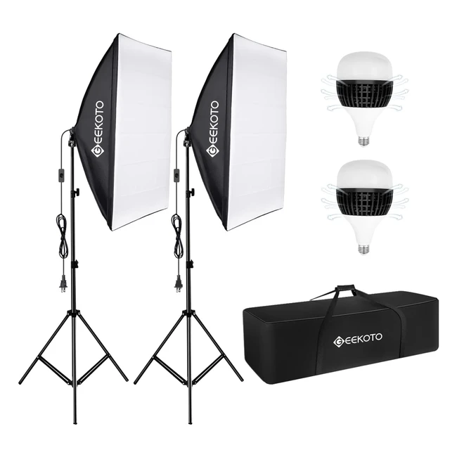 Geekoto Softbox Set 50x70cm, 2 Softboxen mit E27 85W 5500K Birnen, 2m Stative, für Studio Portraits, Produktfotografie, Modefotos