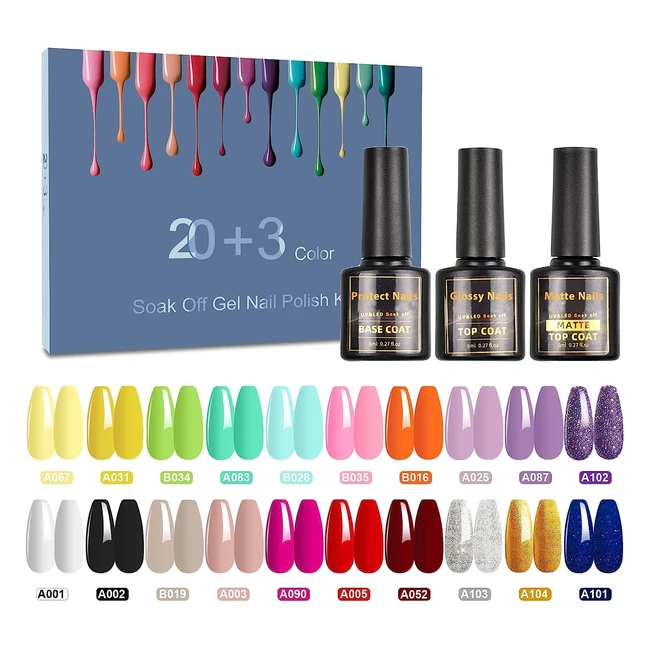 Ensemble de 23 pcs vernis semi permanent Shownail, 20 couleurs, UV LED, avec base et top coat - Rose, Mon, Blanc, Noir