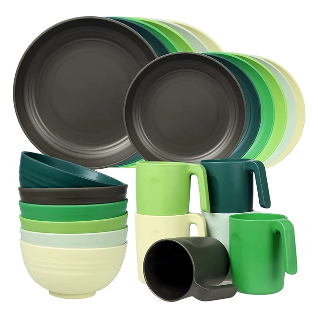 Greentainer Unbreakable Plastic Dinnerware Set - Lightweight Camping Tableware - Microwave & Dishwasher Safe - Service for 6