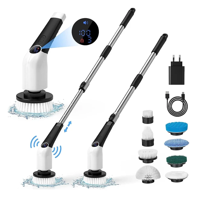 Brosse électrique nettoyage rotative, messages vocaux, sans fil, 8 têtes de brosse, poignée réglable - 110cm