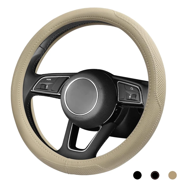 Coprivolante in Pelle Antiscivolo Traspirante - Universale Auto SUV Camion - 15 Beige