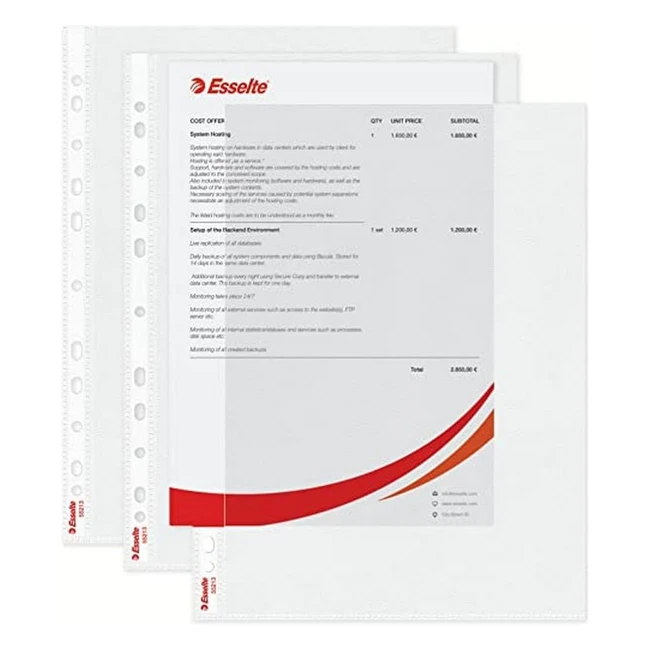 Pochettes plastique perforées A4 Esselte - Lot de 100 - Matière grainée mate transparente - Ouverture haut et gauche - 85 microns - Réf. 55213