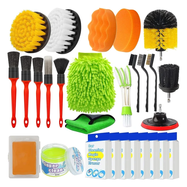 Kit de Nettoyage Voiture Yumzeco 28pcs - Brosse Detailing, Perceuse, Jante, Tapis - Kit Polissage, Pinceau Nettoyage Auto
