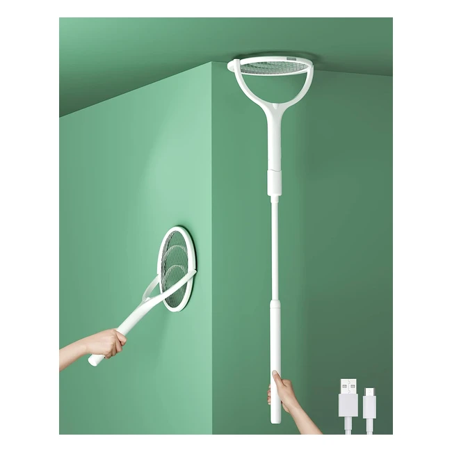 Rotating Head Rechargeable Electric Fly Swatter - Kills Flies, Mosquitoes, and More - Telescopic Wand - USB Charging - 3500V Power