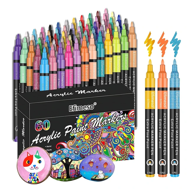 Feutre acrylique 60 couleurs permanent - Marqueur acrylique pour peinture - Pointe extrafine 07 mm