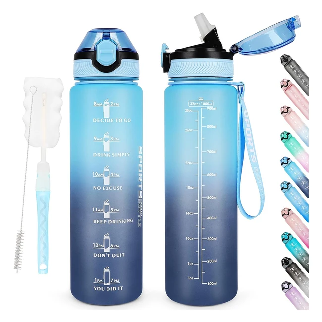 Bouteille d'eau sans BPA 1L avec paille - Motivante et étanche - Bleu Haze