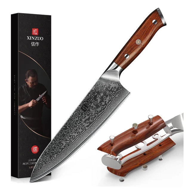 Cuchillo Chef Xinzuo 21cm, Acero Damasco, Cocinero Profesional, Mango de Madera de Rosa