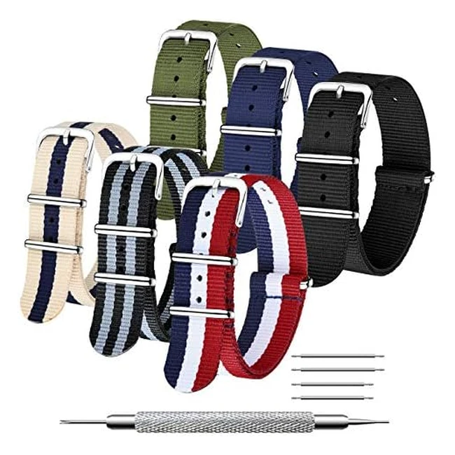 Bracelets de montre en nylon CIVO - Pack de 6 - 18mm 20mm 22mm - Boucle en acier inoxydable - Résistant à l'eau et lavable