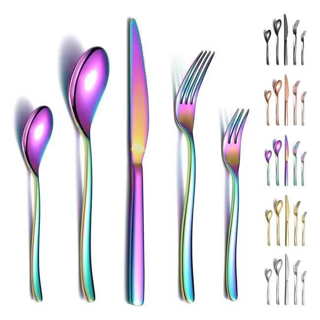 Ensemble de couverts arc-en-ciel 30 pièces en acier inoxydable - Résistant à la rouille - Lavable au lave-vaisselle