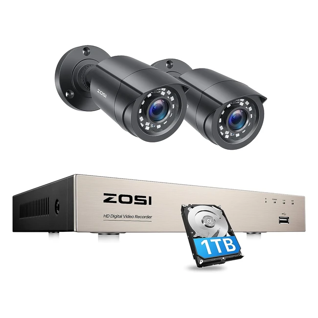 ZOSI 8CH 1080P Home Security CCTV Camera System 1TB HDD - Remote DVR, 2x 2MP Outdoor Bullet Cameras