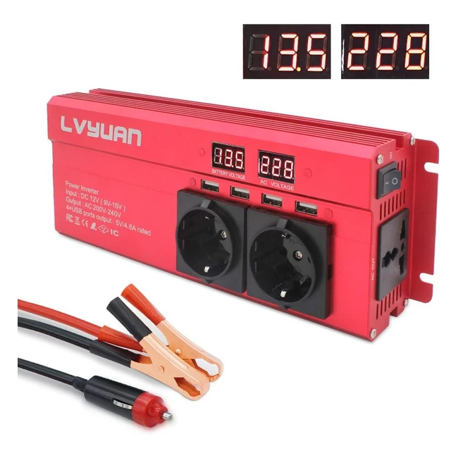 Inverter di Potenza 1000W per Auto - Convertitore 12V a 220V - 3 Prese AC, 4 Porte USB