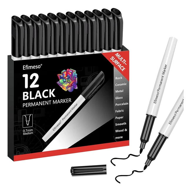 Efimeso 12 Pennarello Indelebile Nero - Punta FineMarker - Lavora su Roccia, Carta, Ceramica, Metallo, Vetro e Tessuto