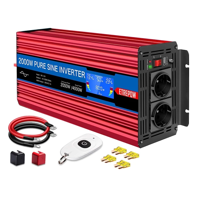 Inversor Onda Pura 12V 220V 2000W - ETREPOW - Con 2 Tomas UE y USB - LCD - Solares Caravanas